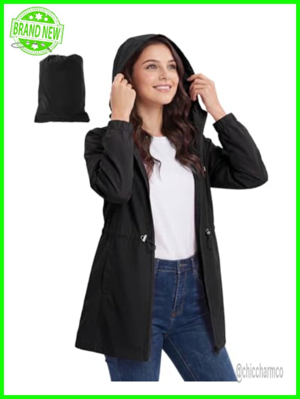 Packable Waterproof Rain Jacket Women Lightweight Hooded Long Trench Coat